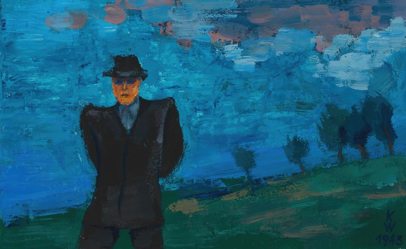 Ohne Titel (Mann mit schwarzem Anzug und Hut in Landschaft)