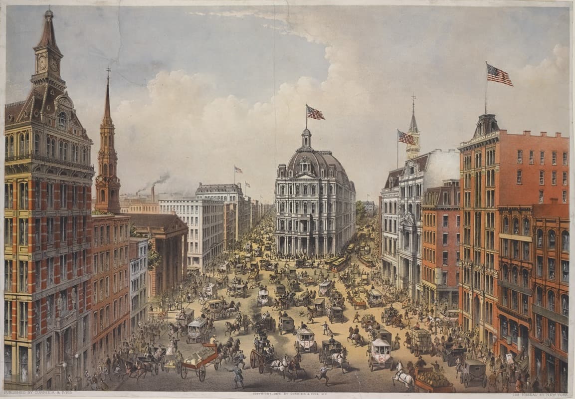 View of Broadway, looking north from just below Fulton St. St. Paul's on the left, post office in centre