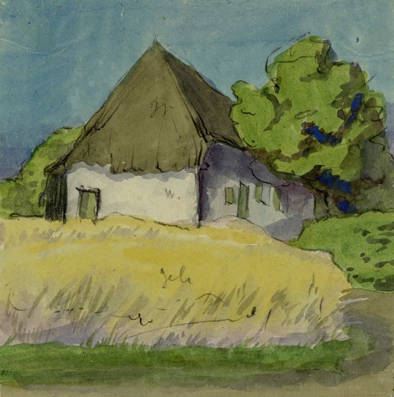 Дом с соломенной крышей на поле