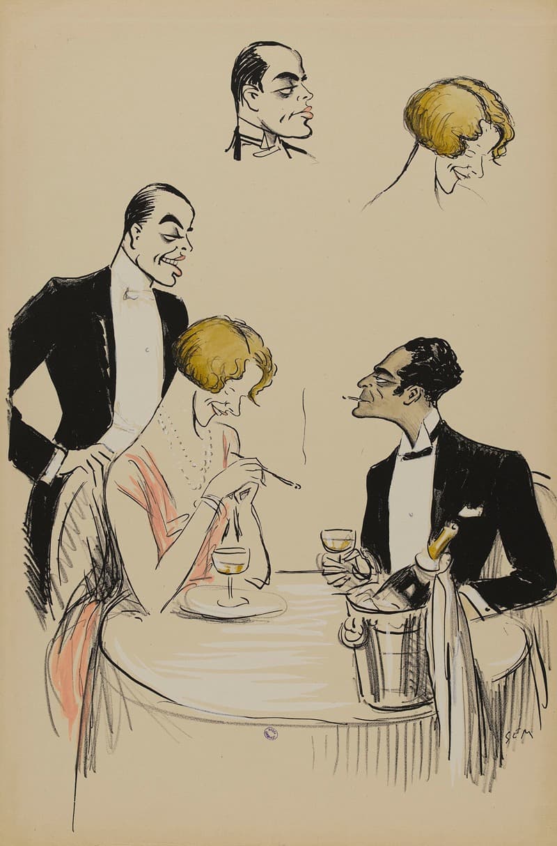 Три персонажа в ресторане, среди которых Леонора Хьюз