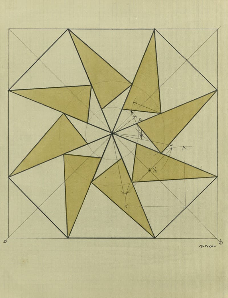 Квадрат с вытянутыми треугольниками и восьмиугольником и кругами