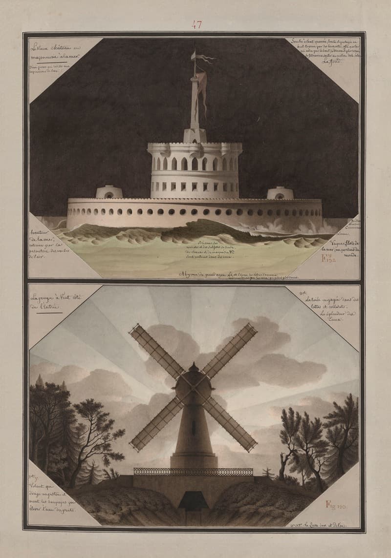 Старый замок из камня у моря; Ветровая помпа у входа