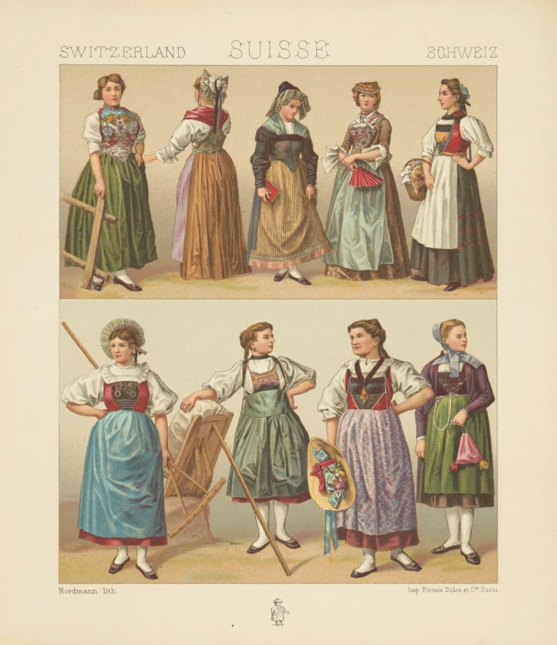 Costumes feminins – Unterwalden, Saint-Gall, Berne, Valais, Zurich, Zug, Lucerne, Bale