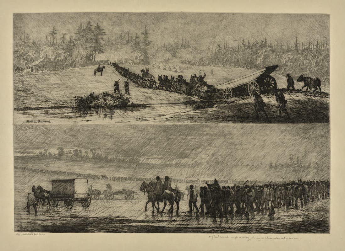 Боковой марш через страну во время грозы.