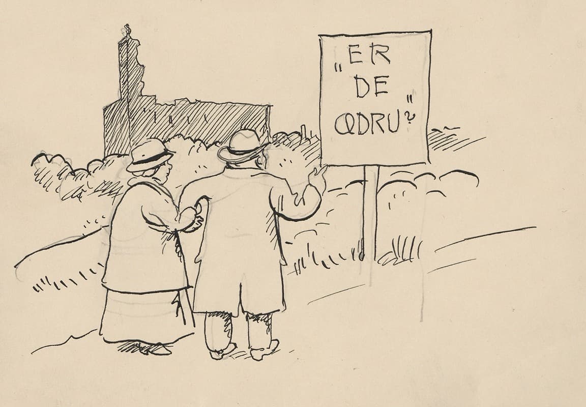 Женатая пара на прогулке останавливается и смотрит на знак