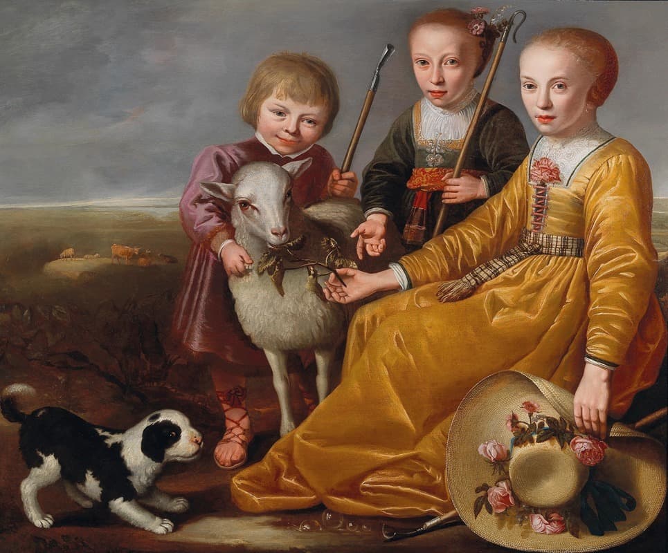 Three Children With A Goat And A Dog In A Landscape