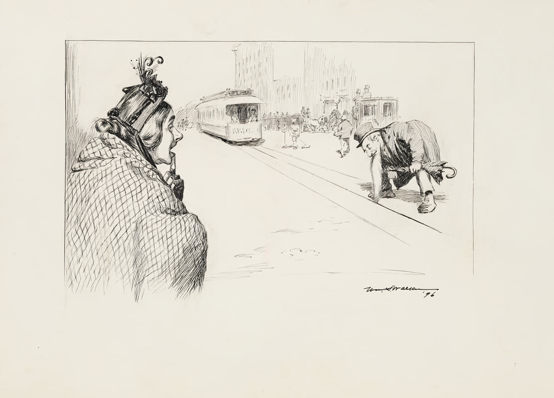 A man's beard is stuck in the tracks of a trolley.