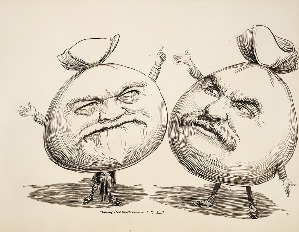 Two men depicted as giant bags of money.